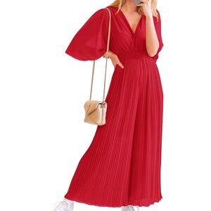 Red wide leg pantsuit Chiffon Wrap V Neck Jumpsuit size Medium red fall #187